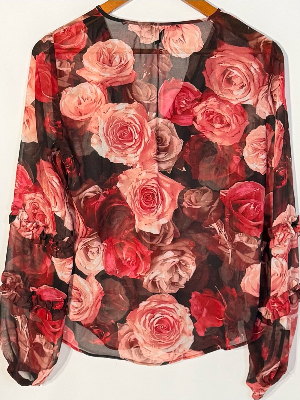 White House Black Market Sheer Rose Print Ruffle Sleeve Blouse XS